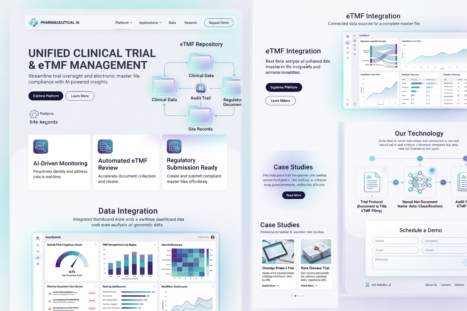 Clinical trial analytics dashboards showing patient enrolment, study metrics, and real-time trial data across multiple screens