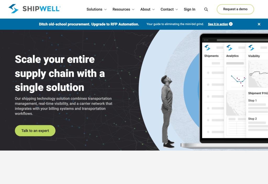 Shipwell shipping-technology landing page headed 'Scale your entire supply chain with a single solution', with laptop panels for Shipments, Analytics, and Visibility.