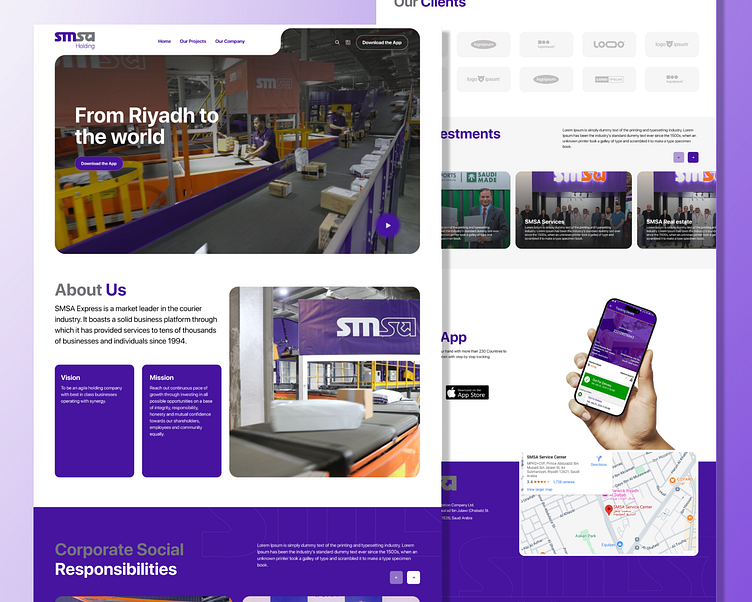 SMSA Holding courier website with a 'From Riyadh to the world' hero over a parcel sortation facility, an About Us section, and a mobile tracking app with a service-centre map.