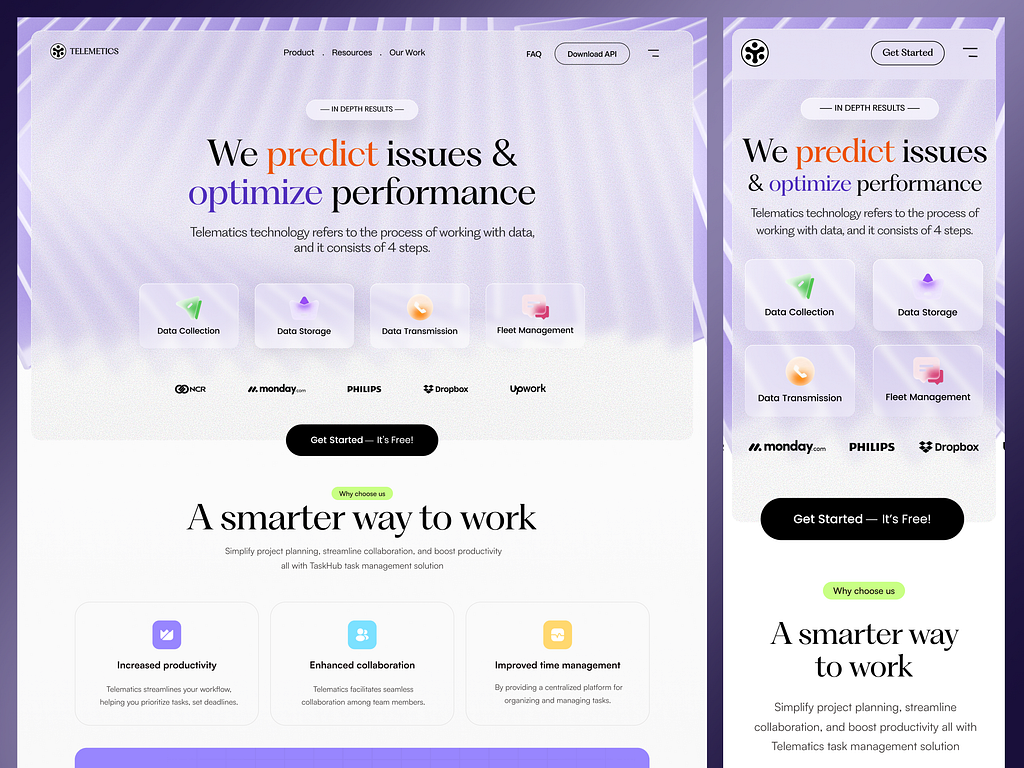 Telemetics telematics landing page headed 'We predict issues & optimize performance', with tiles for Data Collection, Data Storage, Data Transmission, and Fleet Management, shown in desktop and mobile views.