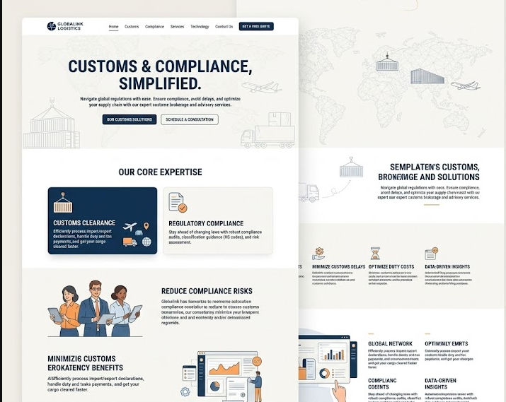 Globalink Logistics customs page headed 'Customs & Compliance, Simplified', with customs-clearance and regulatory-compliance expertise cards and a compliance-risk-reduction section.
