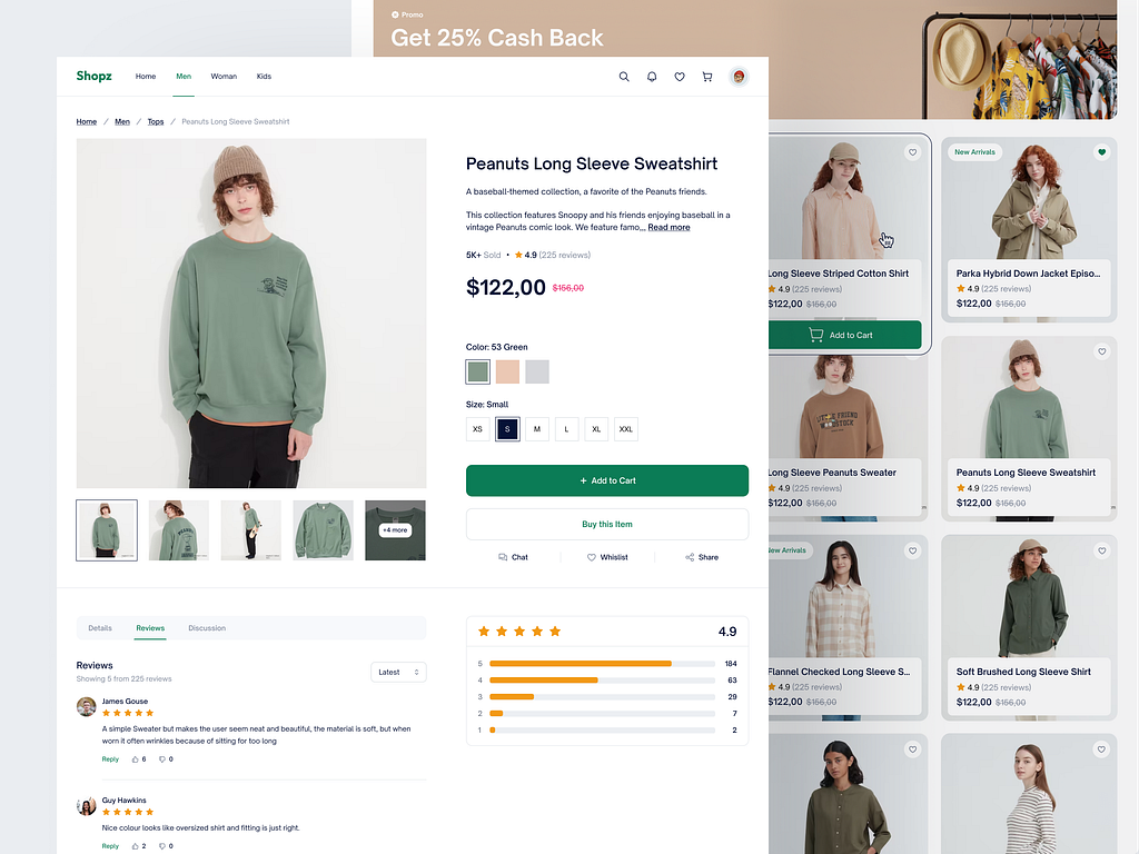 Shopz e-commerce product-detail page showing a sweatshirt with colour and size options, price, add-to-cart button, reviews, and a product grid