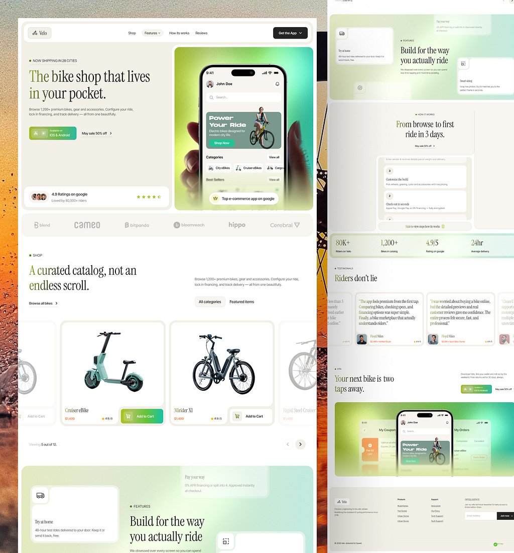 Velo bike-shop landing page with a mobile commerce app preview and a curated product catalogue of e-bikes with prices and ratings