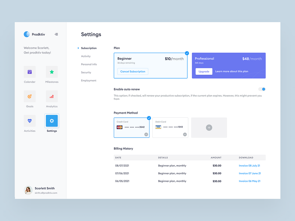 Prodktiv subscription settings screen showing Beginner and Professional plan tiers, an auto-renew toggle, saved card payment methods, and a billing history table