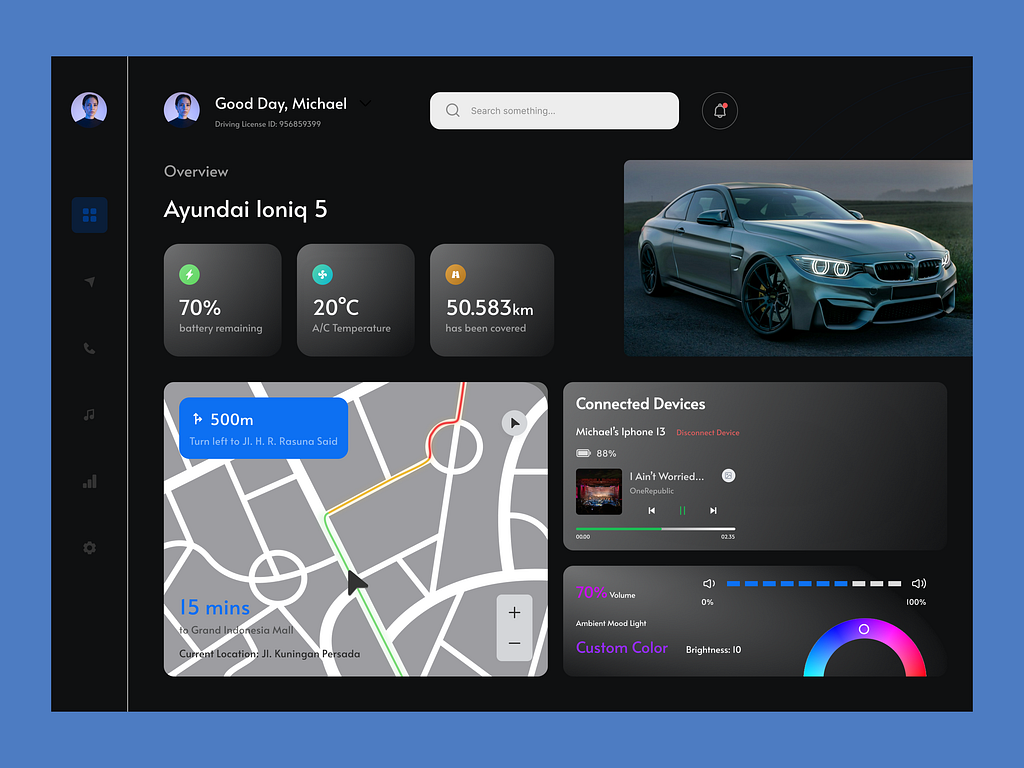 Connected-car dashboard showing 70% battery, 20°C cabin temperature, 50,583 km covered, a live navigation map, and connected-device and music panels