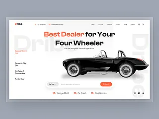 Car-dealer website landing page headlined 'Best Dealer for Your Four Wheeler' with a black classic roadster and stats for monthly sales, car brands, and branches