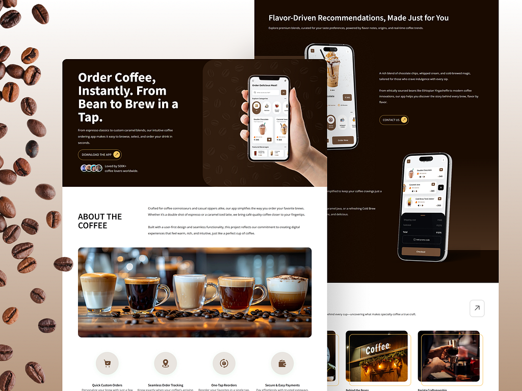 Coffee-ordering app landing page reading 'Order Coffee, Instantly. From Bean to Brew in a Tap' with a hand holding a phone showing the ordering screen