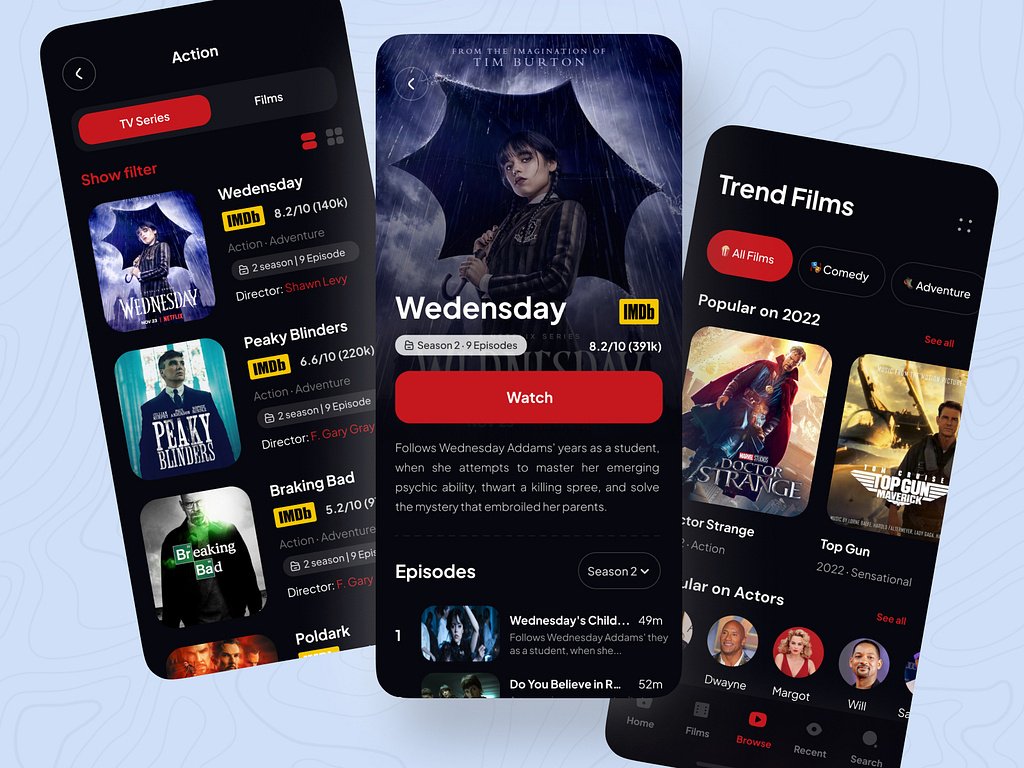 Dark-themed streaming-style app UI with Action and Films tabs, a featured Wednesday title card, and Trend Films rows including Doctor Strange and Top Gun