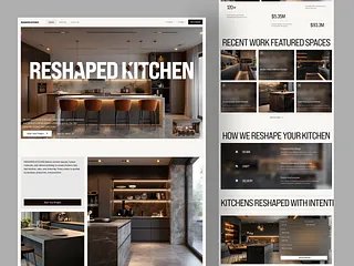 'Reshaped Kitchen' interior-design landing page showing a modern remodelled kitchen with a dark island and wood cabinetry