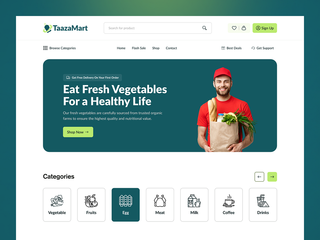 TaazaMart grocery e-commerce storefront with a 'Eat Fresh Vegetables' hero, a delivery man holding a produce bag, and category tiles for Vegetable, Fruits, Egg, Meat and Milk