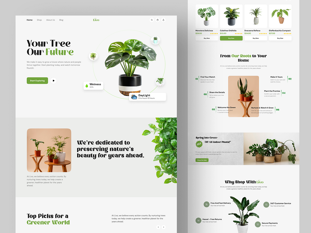 'Livo' indoor-plant e-commerce store with a 'Your Tree Our Future' hero and a product grid of potted plants like Monstera Deliciosa and Calathea Orbifolia with prices
