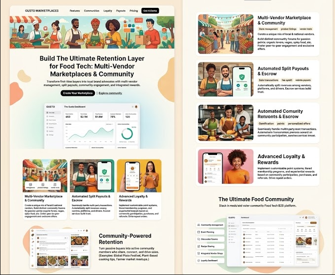 GUSTO Marketplaces landing page headed 'Build The Ultimate Retention Layer for Food Tech: Multi-Vendor Marketplaces & Community', with multi-vendor marketplace, automated split payouts and escrow, loyalty and rewards, and community-retention sections.