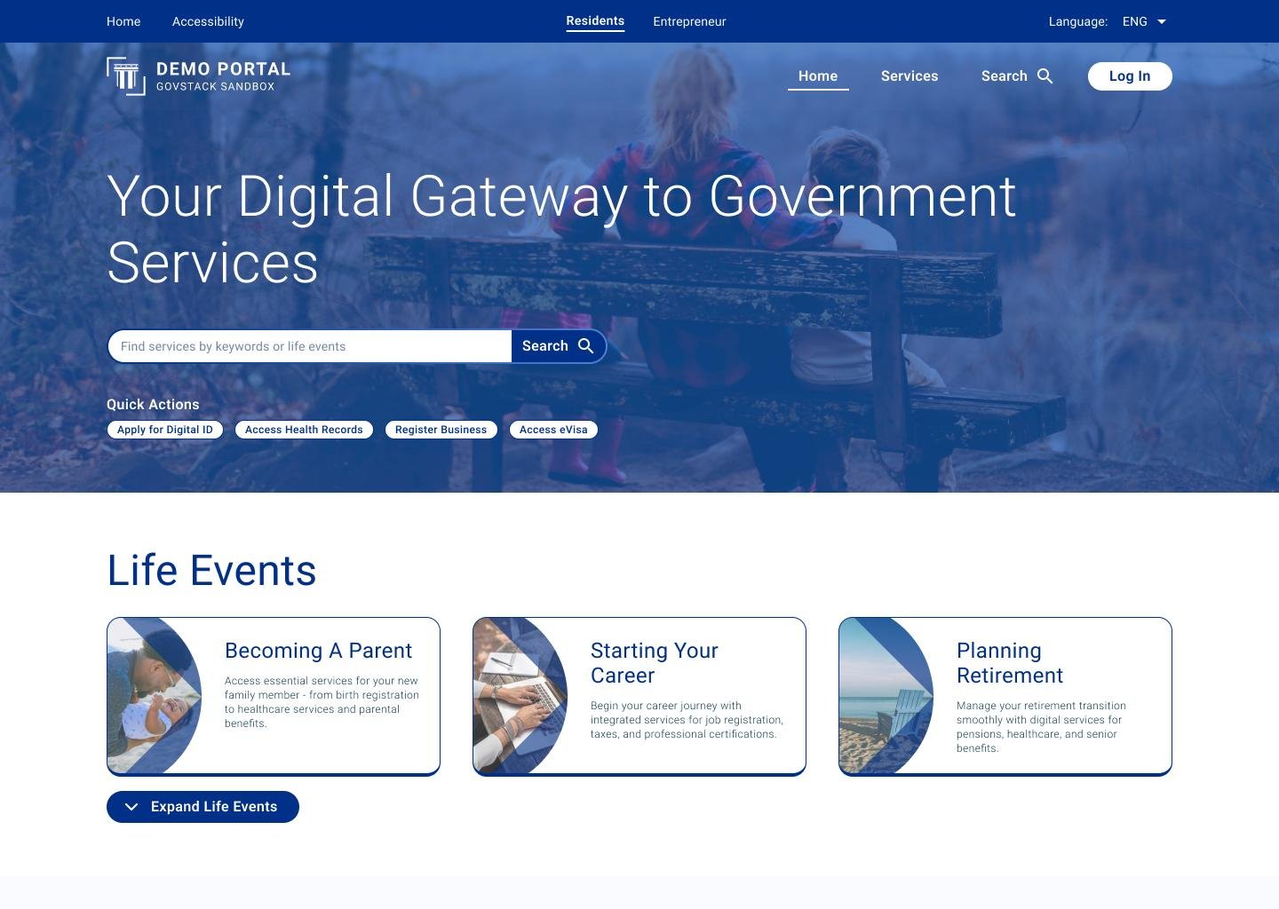 Citizen services portal homepage headed 'Your Digital Gateway to Government Services' with a services search bar, quick actions, and Life Events cards