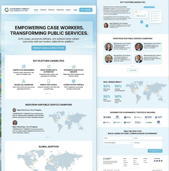 Government caseworker platform headed 'Empowering Case Workers. Transforming Public Services.', with platform capabilities including unified case management, smart workflows and automation, integrated analytics, and citizen-centric portals.
