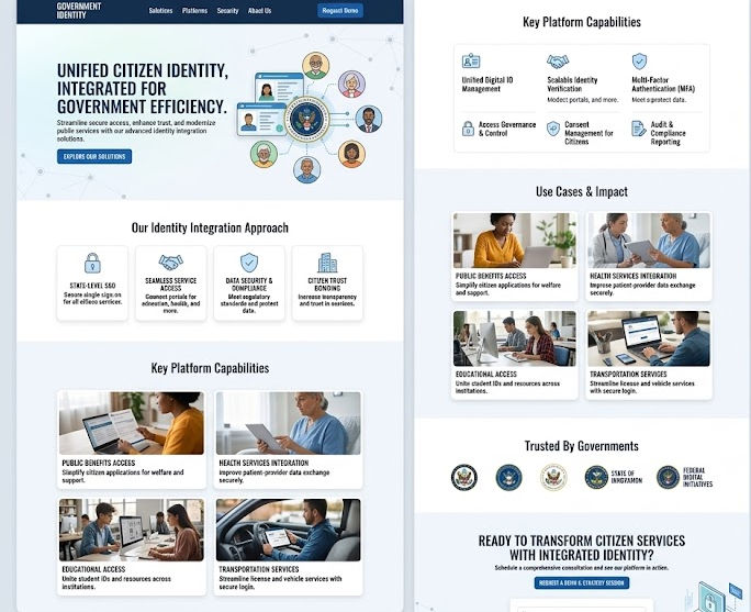 Government identity platform headed 'Unified Citizen Identity, Integrated for Government Efficiency', with an identity-integration approach (SSO, seamless access, data security) and platform capabilities including unified digital ID, identity verification, and multi-factor authentication.