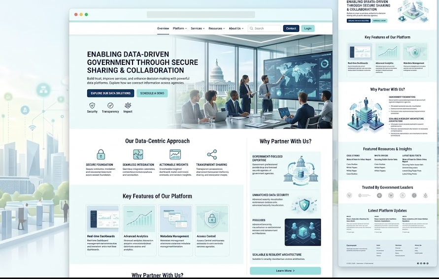 Government data-sharing platform headed 'Enabling Data-Driven Government Through Secure Sharing & Collaboration', with secure-foundation, seamless-integration, actionable-insights, and access-control feature sections.