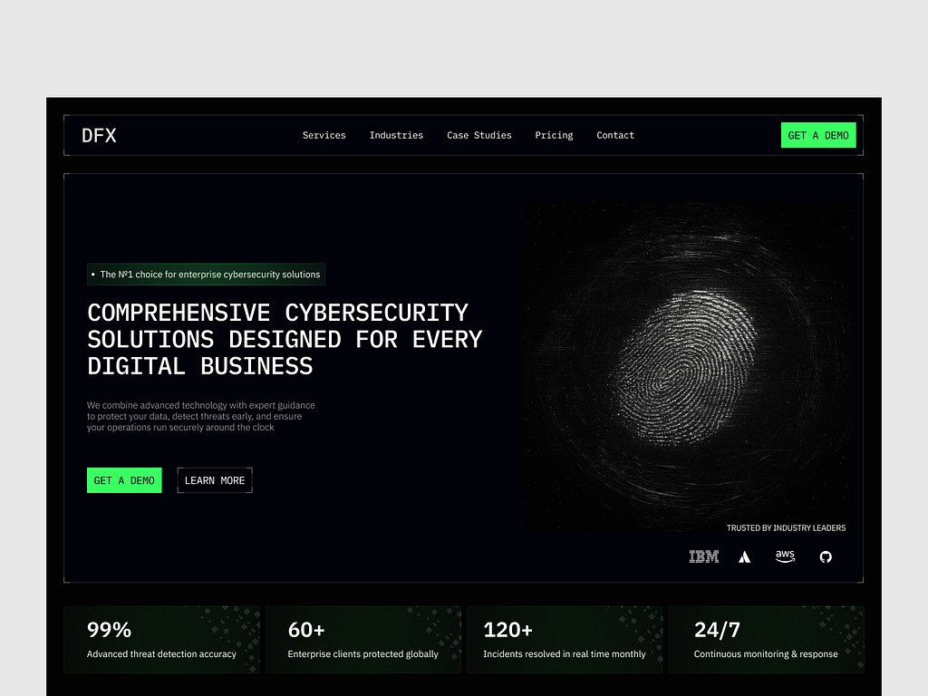 Dark cybersecurity landing page headed 'Comprehensive Cybersecurity Solutions' with a fingerprint-scan graphic and threat-detection statistics