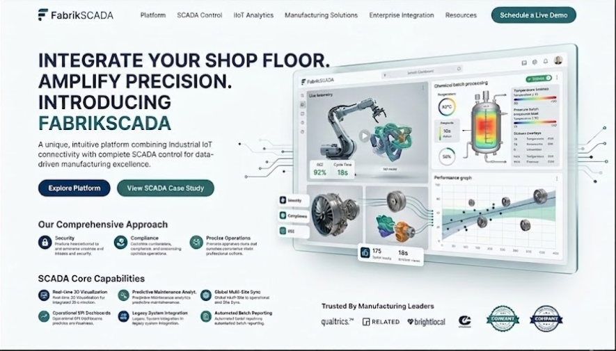 FabrikSCADA platform headed 'Integrate Your Shop Floor. Amplify Precision.', combining Industrial IoT connectivity with SCADA control, with live telemetry, batch-process monitoring, and SCADA core-capability sections.