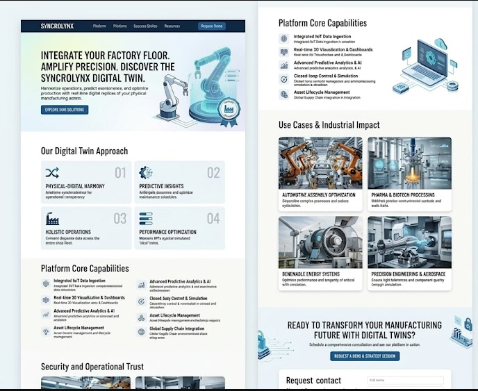 Syncrolynx digital-twin platform headed 'Integrate Your Factory Floor. Amplify Precision.', with a digital-twin approach (physical-digital harmony, predictive insights, holistic operations, performance optimisation) and industrial use cases.