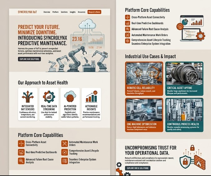 Syncrolynx IIoT predictive-maintenance platform headed 'Predict Your Future. Minimize Downtime.', with an asset-health approach (IIoT sensors, real-time data streaming, AI-powered prediction) and industrial use cases for asset uptime and reliability.