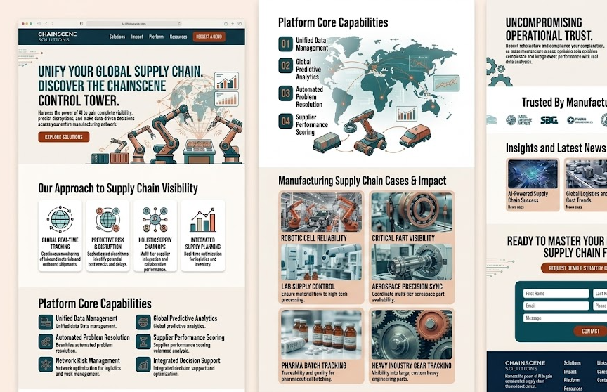 Chainscene supply-chain control-tower platform headed 'Unify Your Global Supply Chain', with an approach to supply-chain visibility (global real-time tracking, predictive risk, holistic ops) and manufacturing supply-chain use cases.