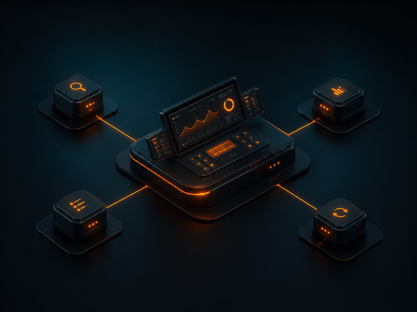 A dark fraud-operations console with a live analytics dashboard, linked by glowing orange pathways to four control nodes (investigate, score, configure, and retrain) staffed around the clock