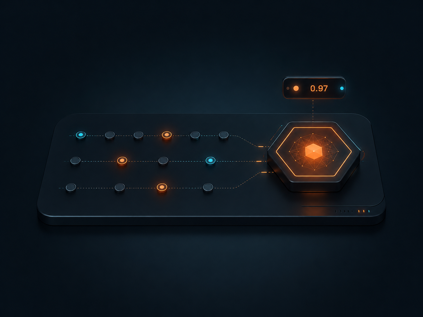 Rows of transaction nodes flowing across a dark platform into a hexagonal AI scoring engine (legitimate nodes in cyan, suspicious nodes flagged bright orange) with a 0.97 risk-score readout above the core