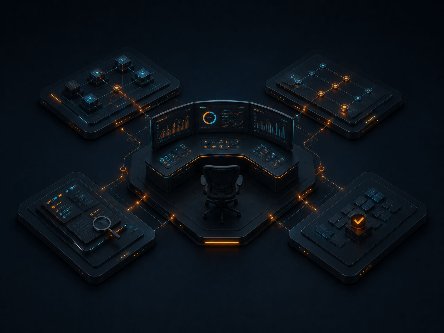 A central analyst command desk with curved dashboard screens, linked by glowing orange pathways to four panels (data modelling, lineage mapping, investigation, and an approved-submission checkmark), one team running the full reporting cycle.