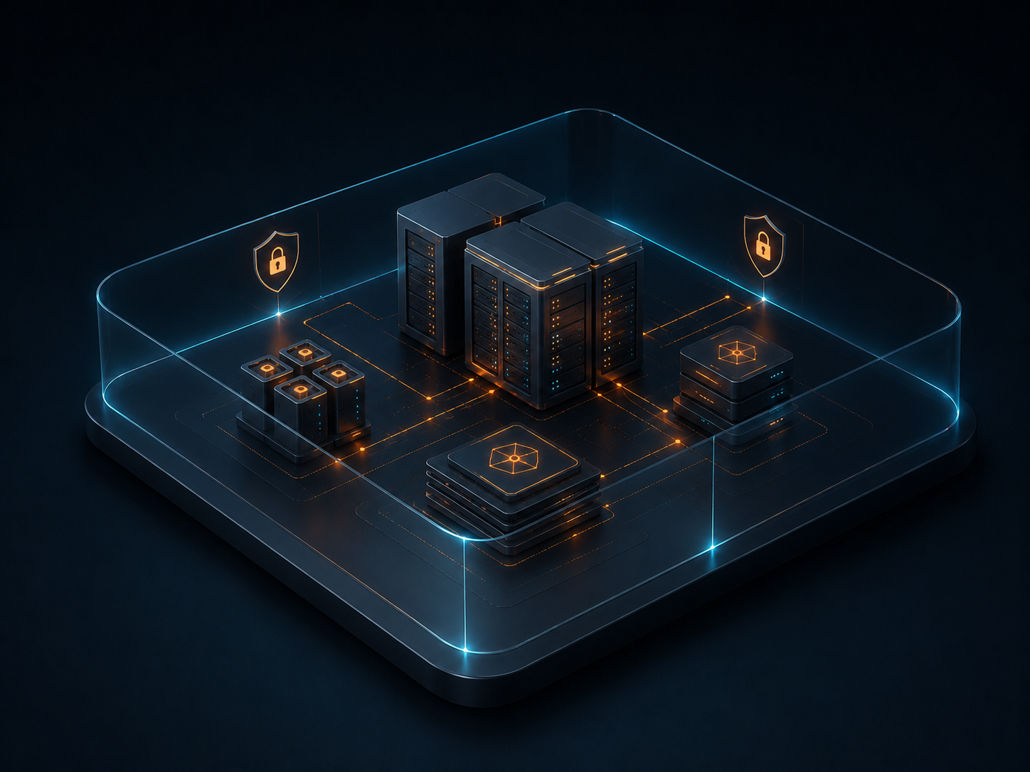 A secure isometric data estate behind a glass enclosure: server racks linked by glowing orange data pathways to lineage and verification nodes, with shield and padlock badges marking the governed reporting boundary.