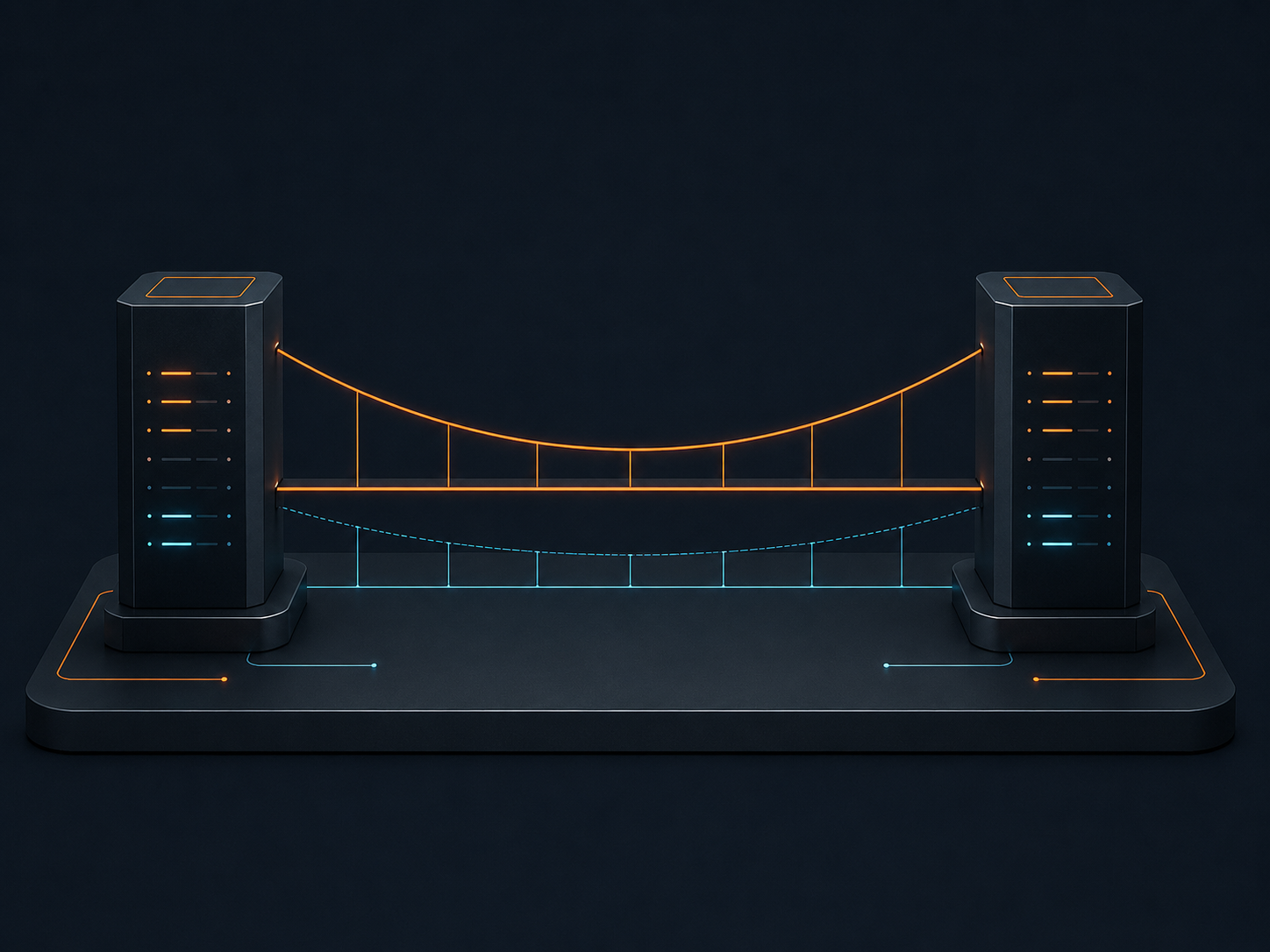 Two server towers linked by a glowing orange active pathway with a cyan dashed failover route beneath it, on a dark platform, primary and standby paths kept ready together