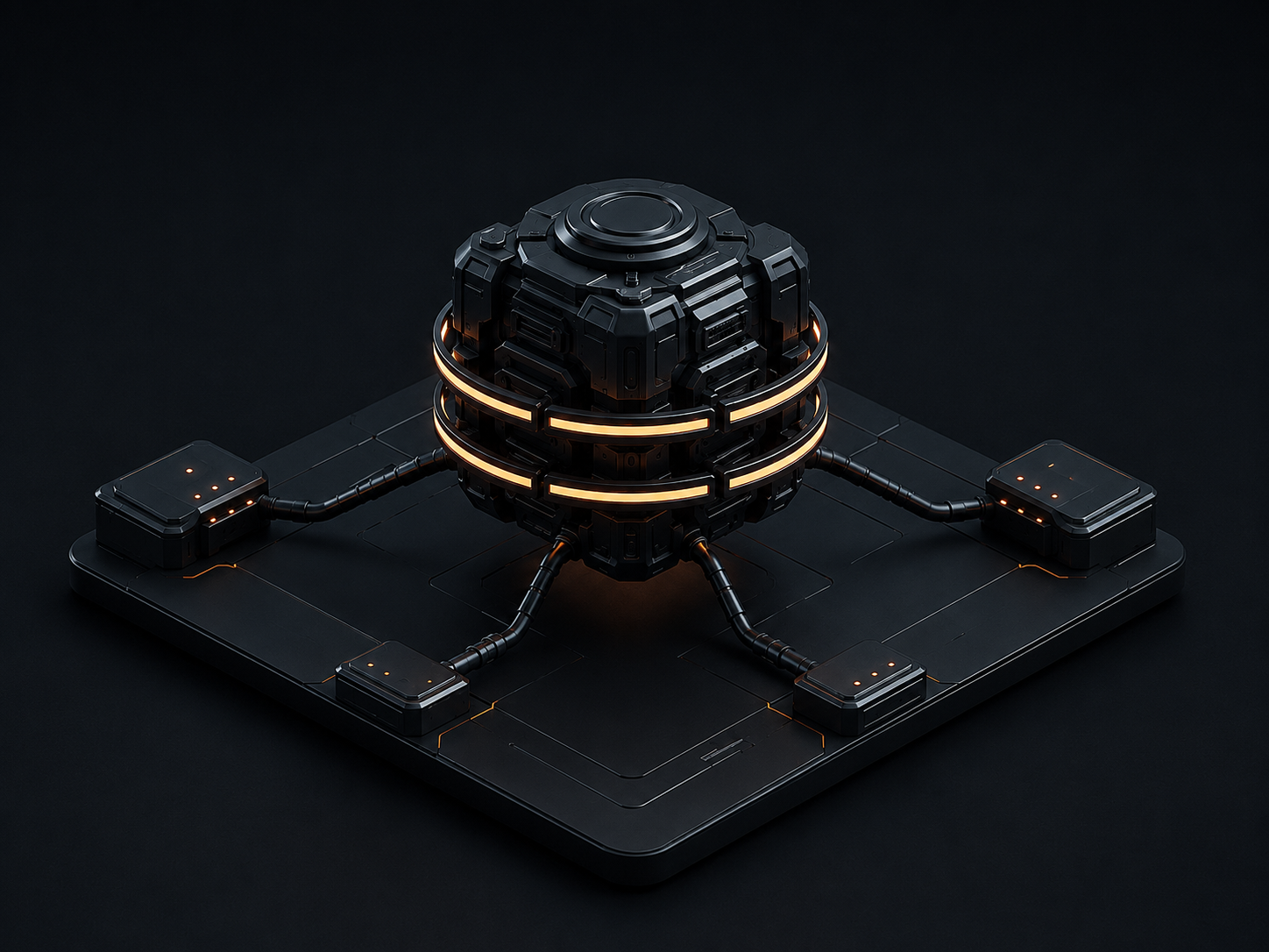 A glowing resilience core floating above a dark platform, wrapped in rotating orange energy rings with redundant backup pathways radiating to failover nodes