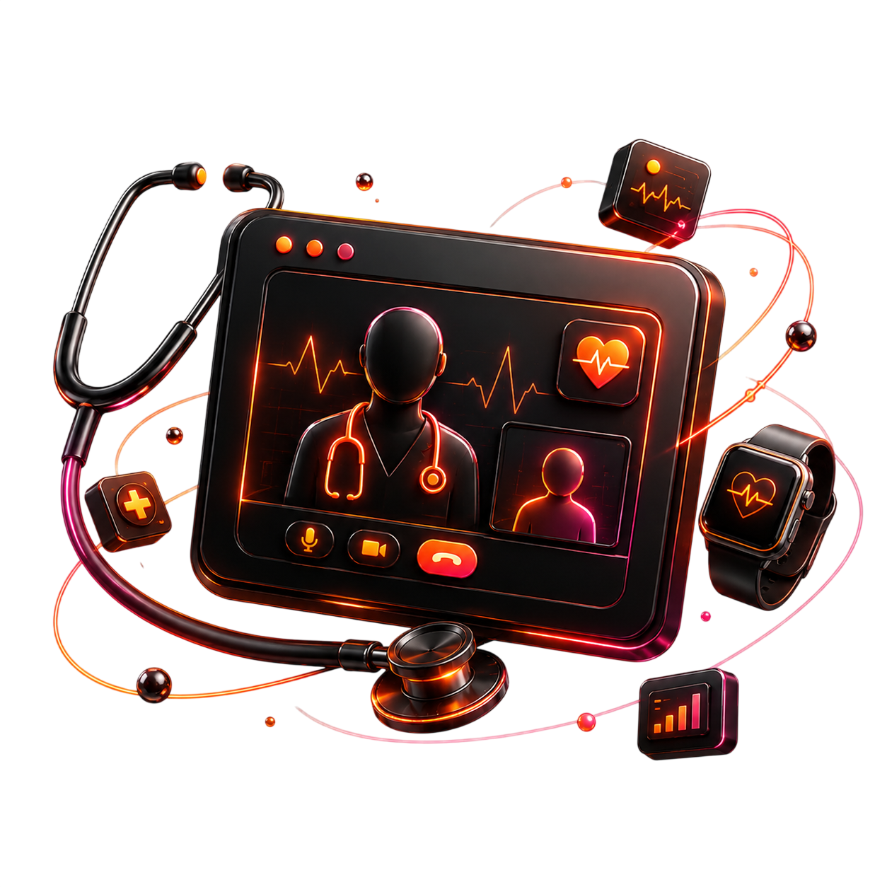 BritonOne Technology telemedicine platform mark, a 3D video-consultation tablet with a stethoscope, ECG pulse, heart, and smartwatch, in glowing amber on a transparent backdrop