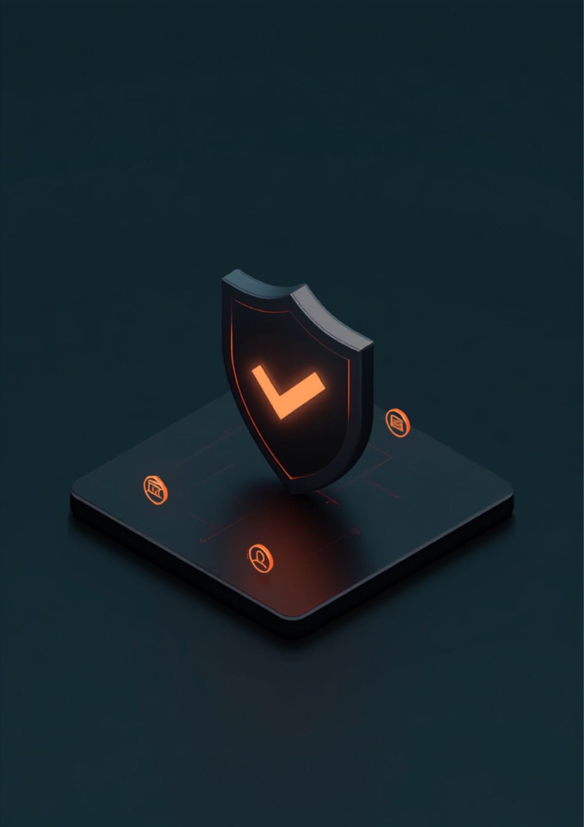 A glowing orange security shield with a checkmark on a dark platform, linked to bank, person, and document nodes