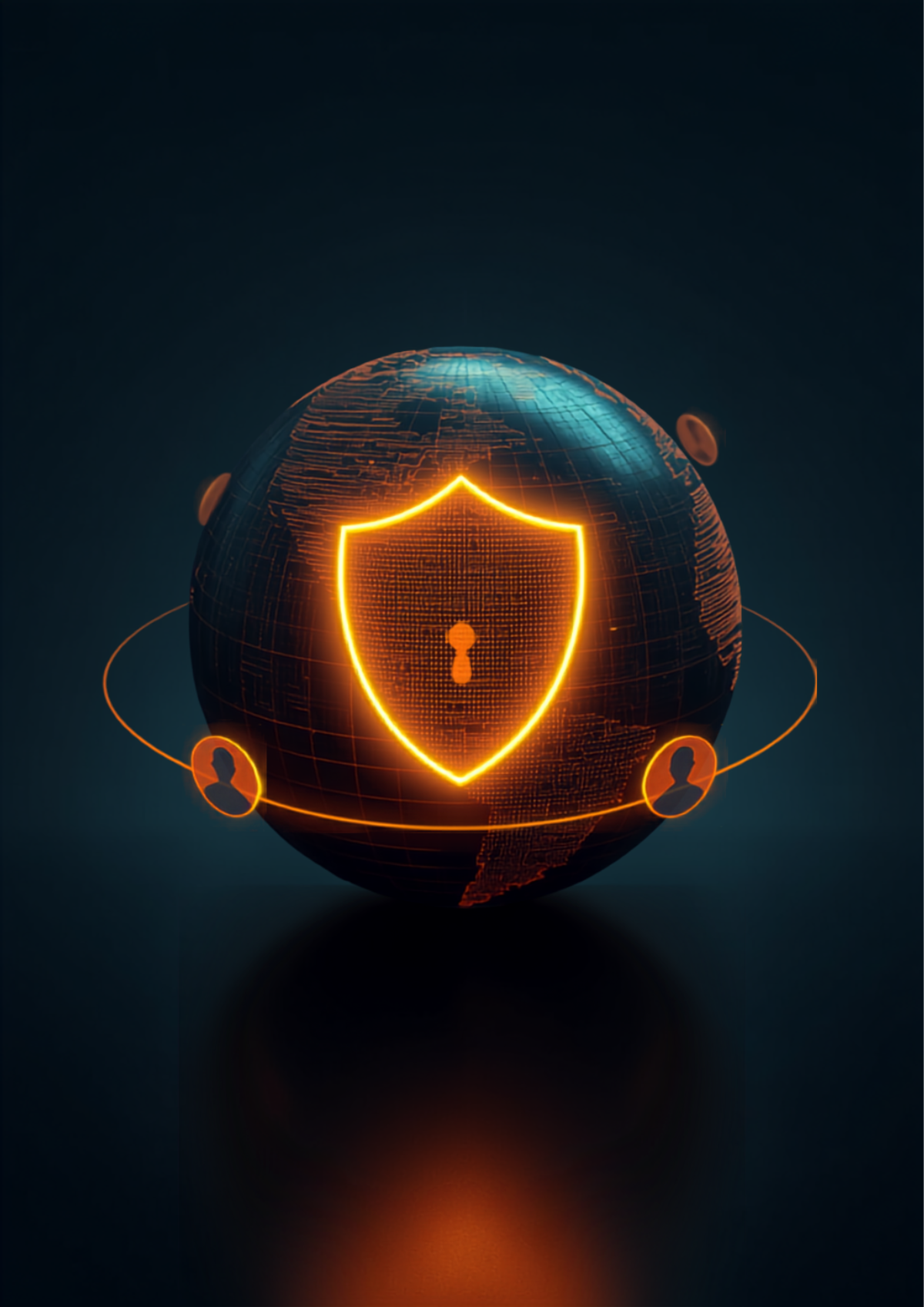 A dark glowing globe with an orange security shield and analyst avatars orbiting it, representing a 24/7 team